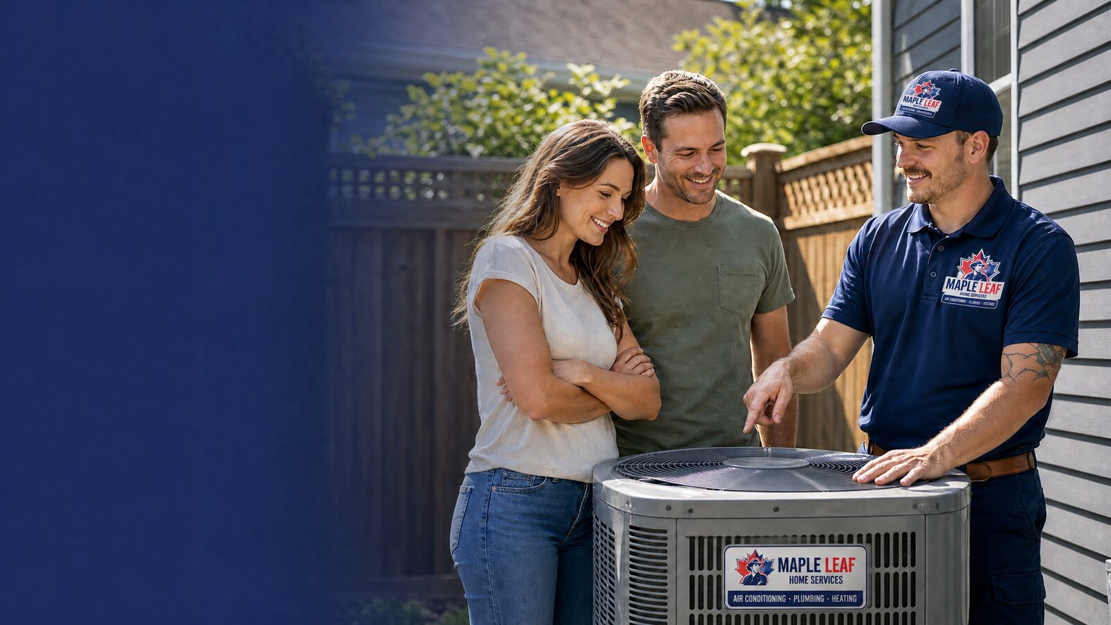 Maple Leaf technician walking two homeowners through the condition of their outdoor air conditioning unit